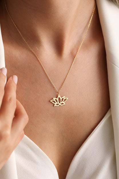 14K Gold Lotus Flower Necklace: Sterling Silver Spiritual Pendant