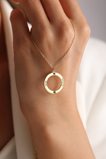 Personalized Gold Circle Necklace: Custom Name & Birthstone Necklace , Mothers Necklace