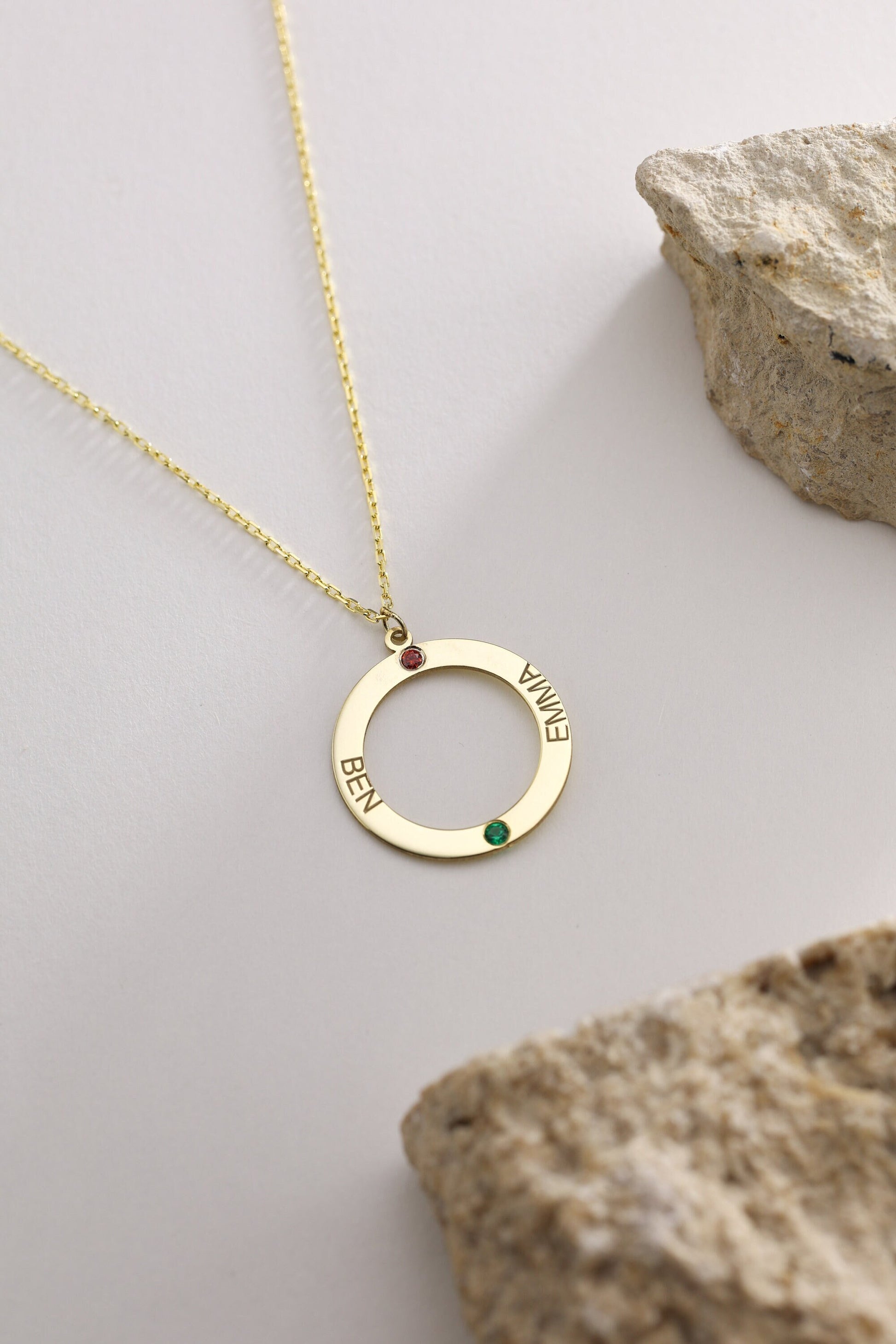 Personalized Gold Circle Necklace: Custom Name & Birthstone Necklace , Mothers Necklace