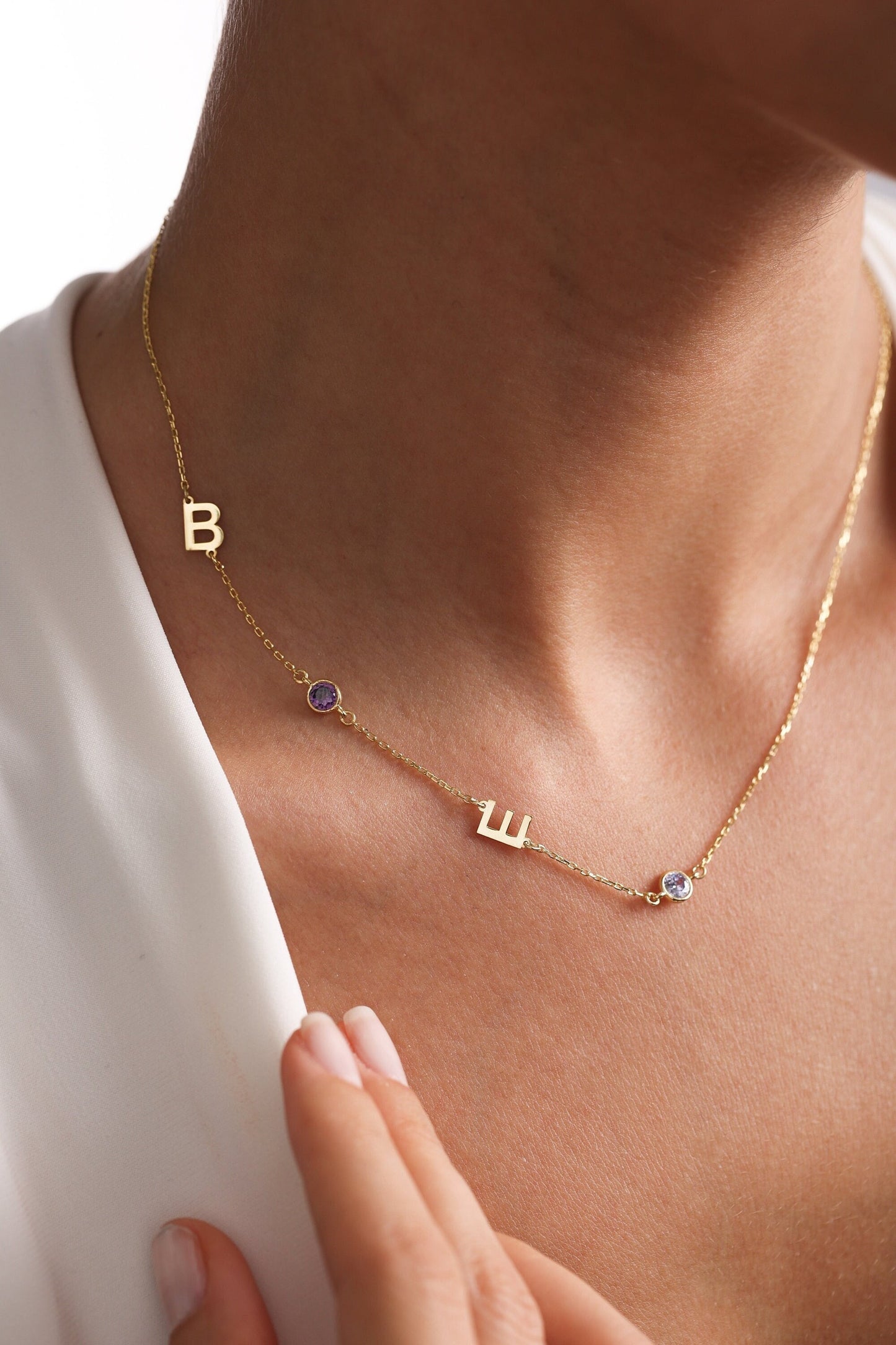 Sideways Initial Birthstone Necklace: Dainty Personalized Jewelry