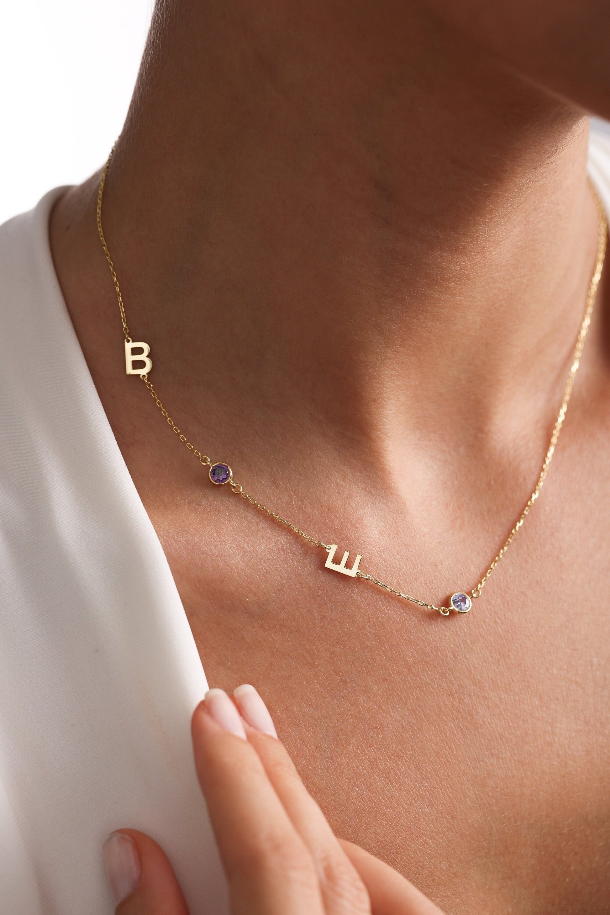 Sideways Initial Birthstone Necklace: Dainty Personalized Jewelry