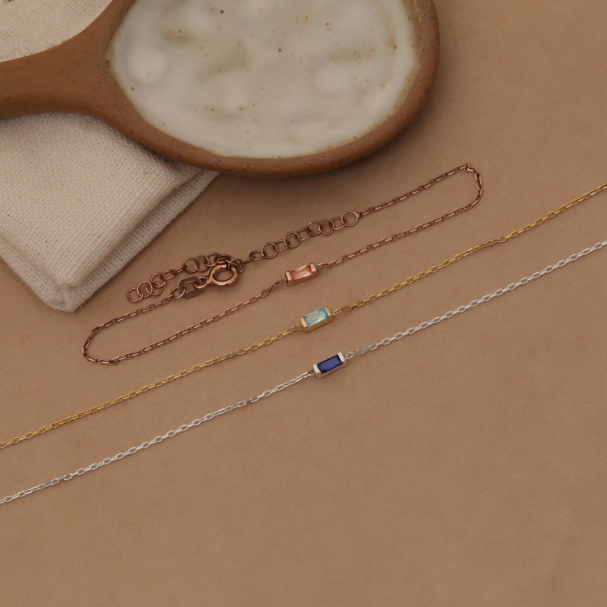 14k Gold Baguette Birthstone Bracelet: Dainty Charm Bracelet