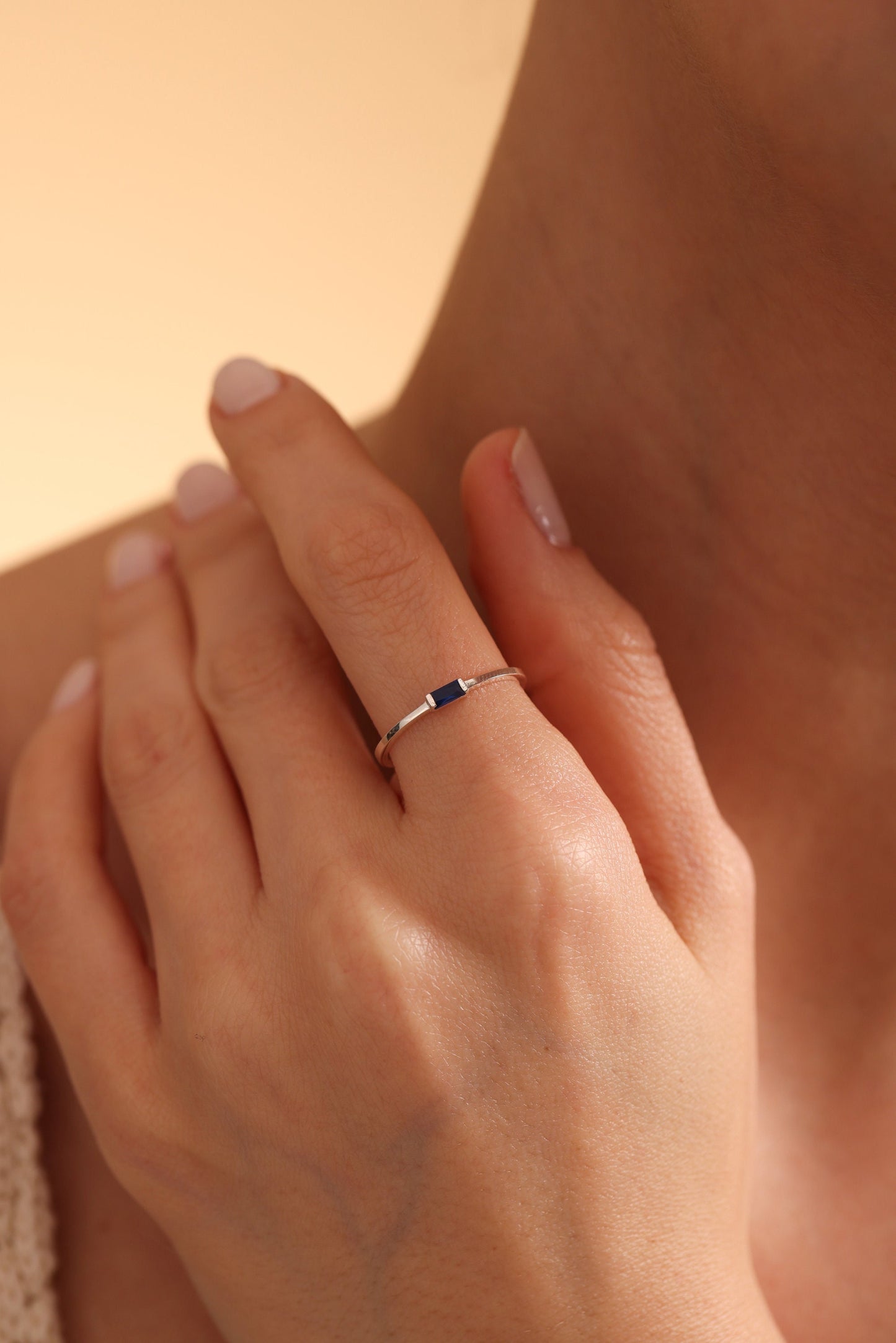 Baguette Sterling Silver Birthstone Ring - Personalized Gemstone Ring , stackable rings gold