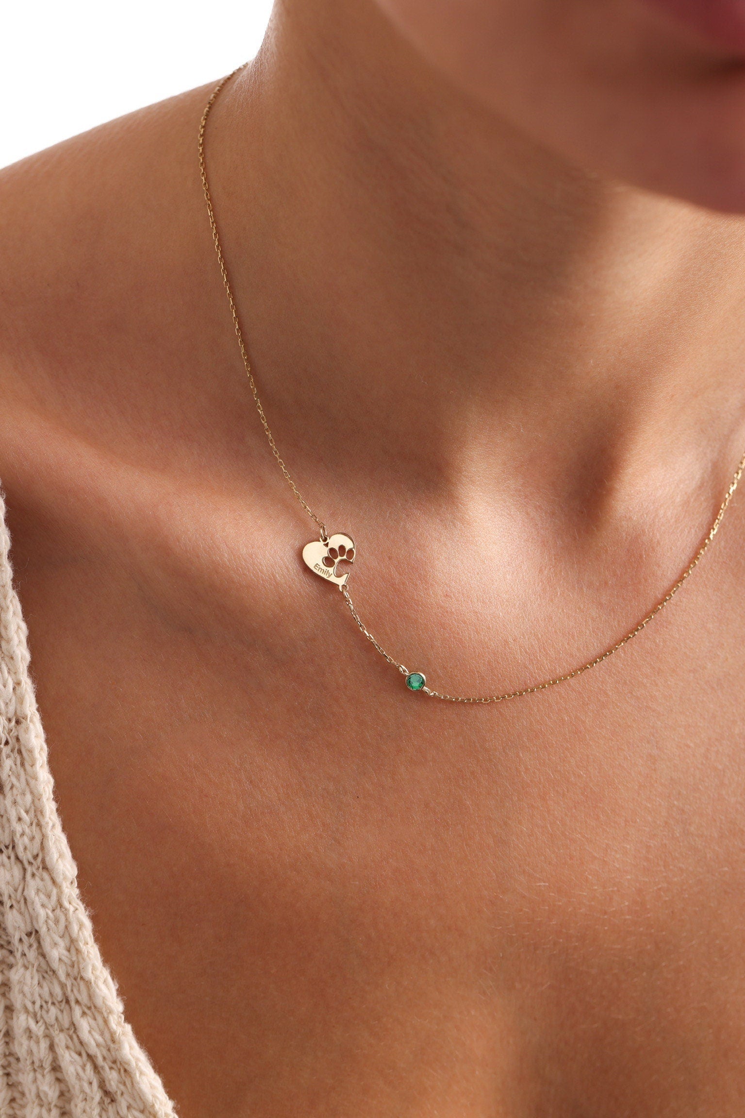 Engraved Paw Print Necklace,Heart Shaped Paw Necklace,Birthstone Necklace,Pet Memorial Jewelry,Minimalist Paw Necklace,Gift For Dog Mom