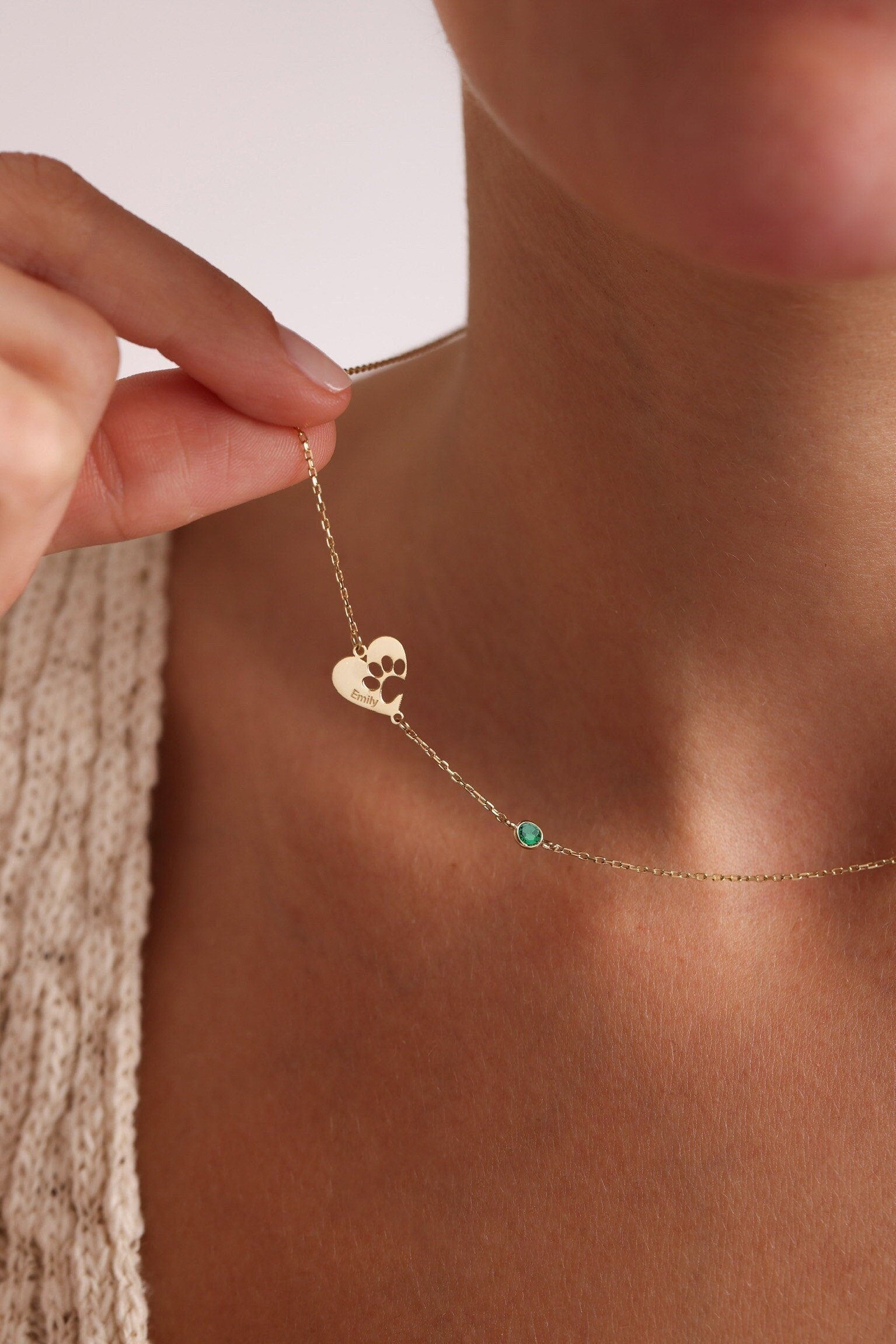 14K Solid Gold Engraved Paw Print Necklace, Pet Memorial Jewelry, Christmas Gift For Dog Mom