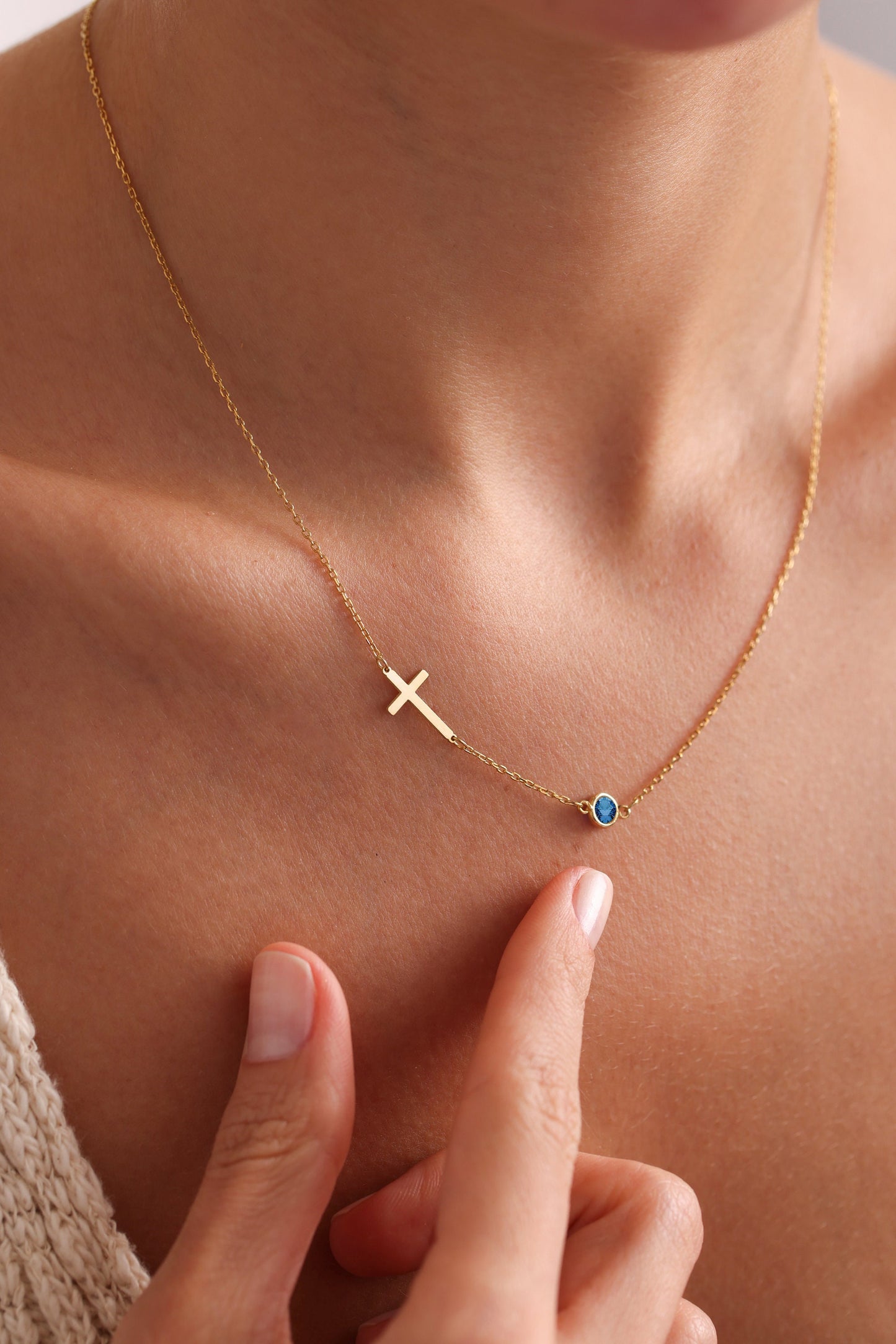 Sterling Silver Sideways Cross Necklace with Birthstone