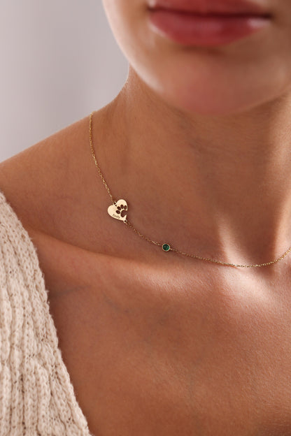 Engraved Paw Print Necklace,Heart Shaped Paw Necklace,Birthstone Necklace,Pet Memorial Jewelry,Minimalist Paw Necklace,Gift For Dog Mom