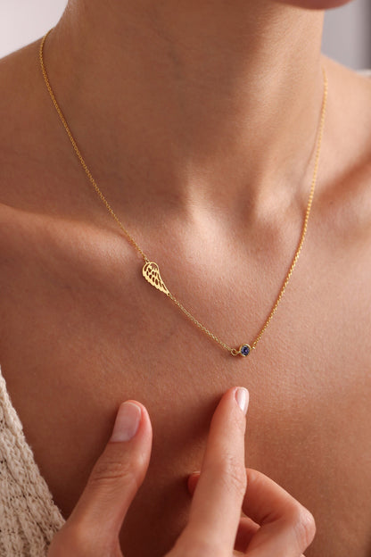 14k Gold Angel Wing Necklace: Birthstone Memorial Gift, Baby Loss Necklace