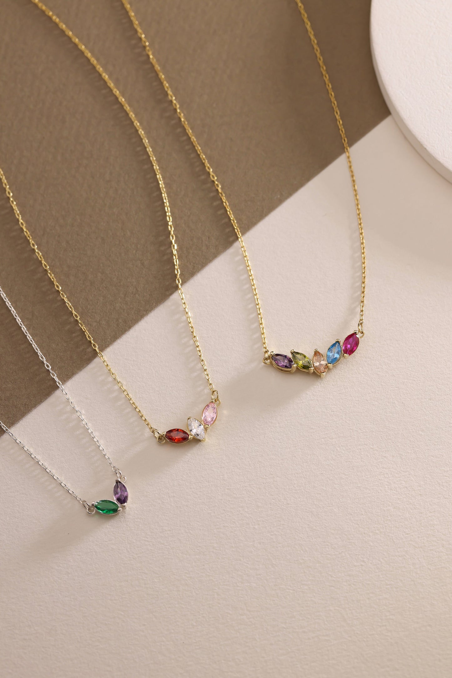 14K Solid Gold Family Birthstone Necklace, Marquise Gemstone Pendant