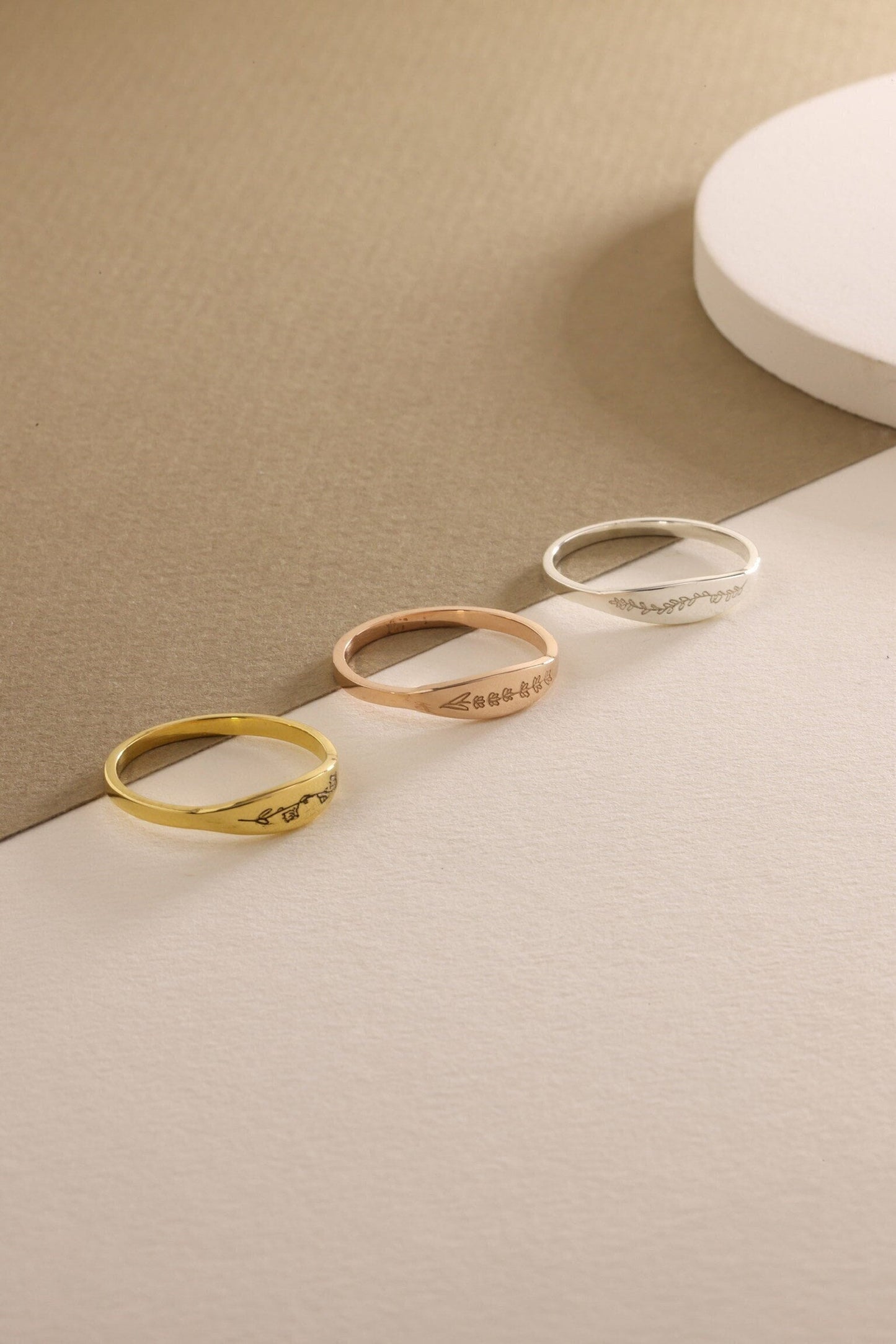 Personalized Birth Flower Ring: 14k Gold Signet, Engraved Floral Jewelry