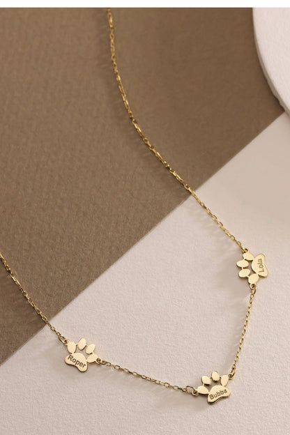 Engraved Paw Print Necklace, Custom Gold Charm Necklace, Unique Pet Keepsake Pet Memorial Necklace, Engraved Name Necklace for Multiple Pets