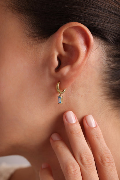 Baguette Birthstone Hoop Earrings: 925 Sterling Silver, Dainty Huggie Earrings