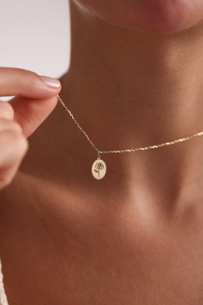 14k Solid Gold Disk Birth Flower Necklace • Unique Birthday Gift for Her • Personalized Disk Month Flower Pendant • Charm Necklace Florals