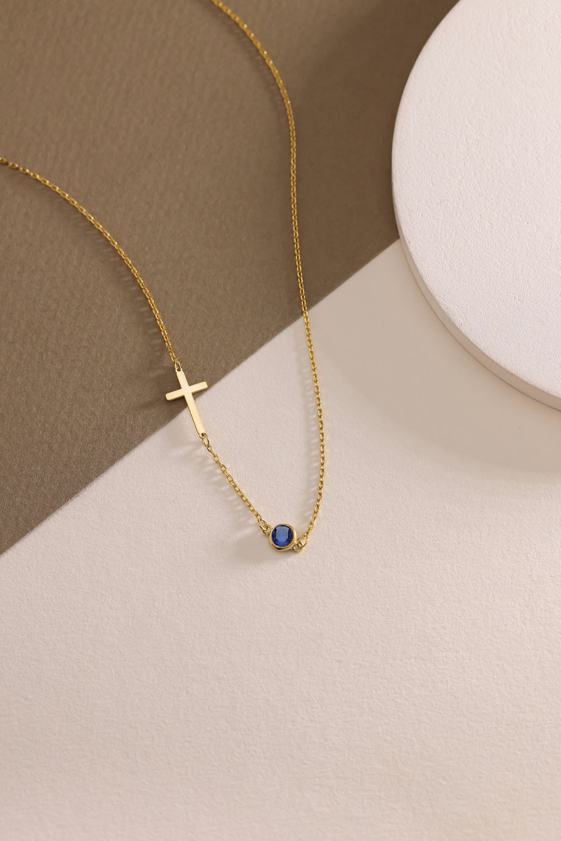 Sideways Cross with Birthstone Necklace in Gold,Dainty Gemstone Cross Necklace, Christian Gifts for Women, First Communion,Personalized Gift
