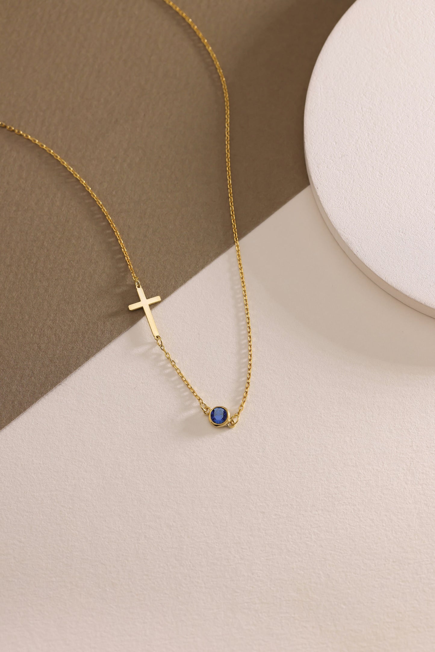 Sterling Silver Sideways Cross Necklace with Birthstone