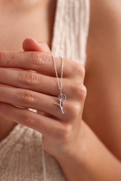 Sterling Silver Birth Flower Necklace: Personalized Floral Jewelry , Flower Necklace