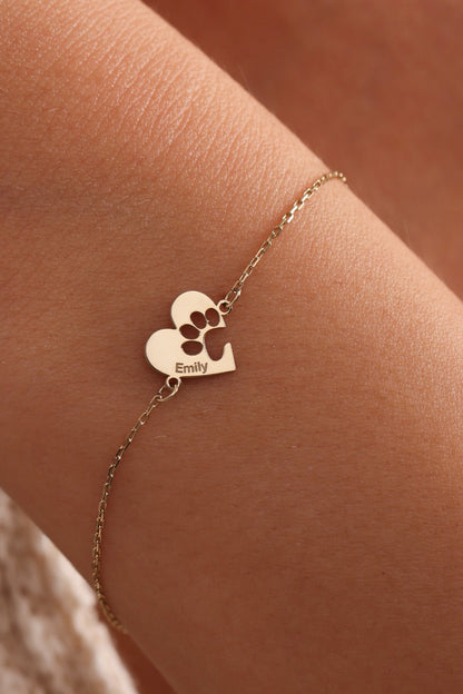 Paw Print Bracelet,Dog/Cat Bracelet,Heart Shapped Paw Bracelet,Personalized Pet Bracelet,Animal Friendly Jewelry•Pet Lover Gift•Gift for Mom