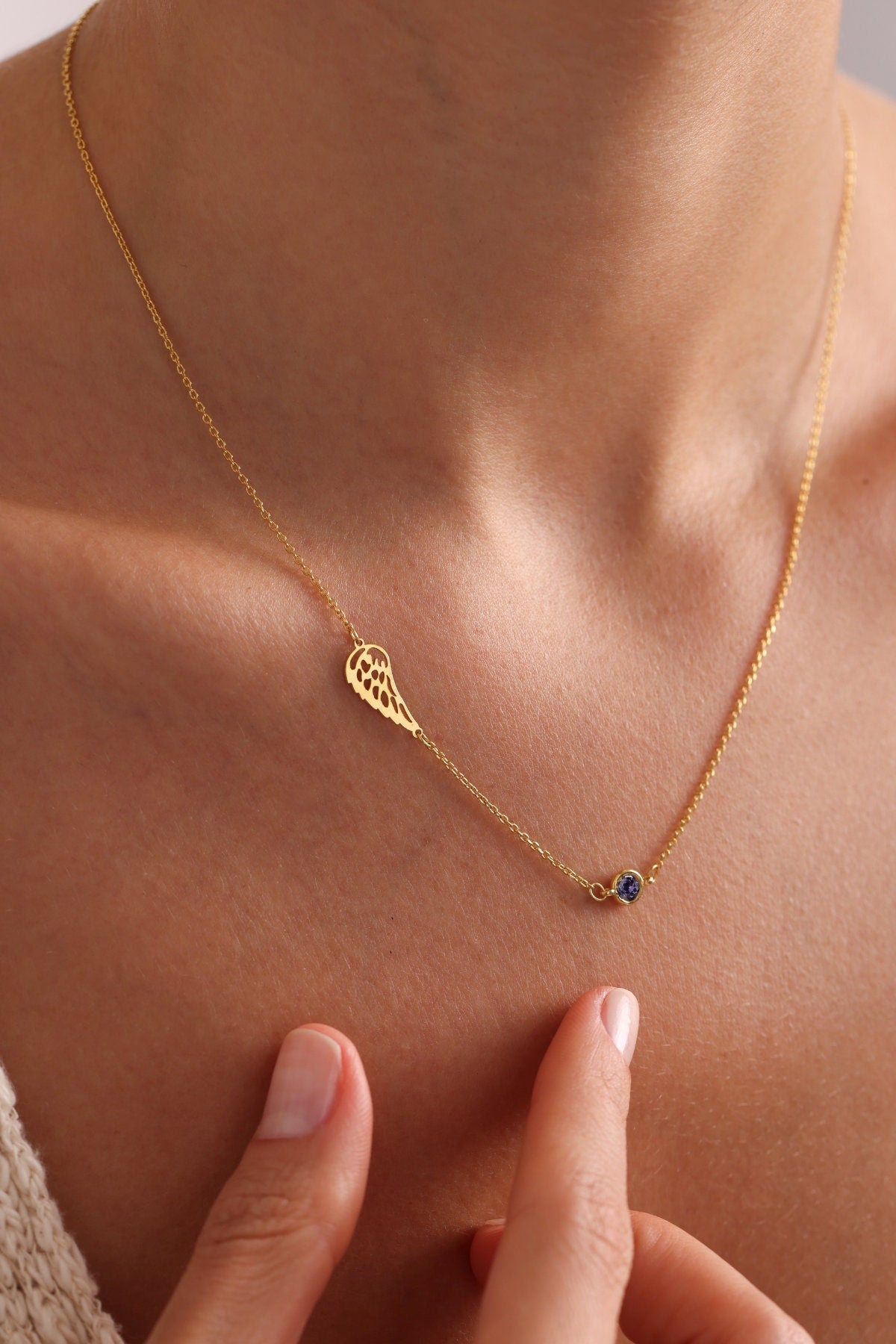 14k Gold Angel Wing Necklace: Birthstone Memorial Gift, Baby Loss Necklace
