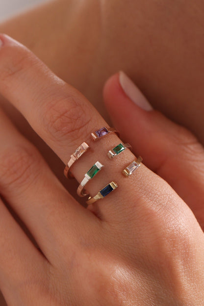 Personalized Sterling Silver Duo Birthstone Ring - Baguette Gemstone Jewelry