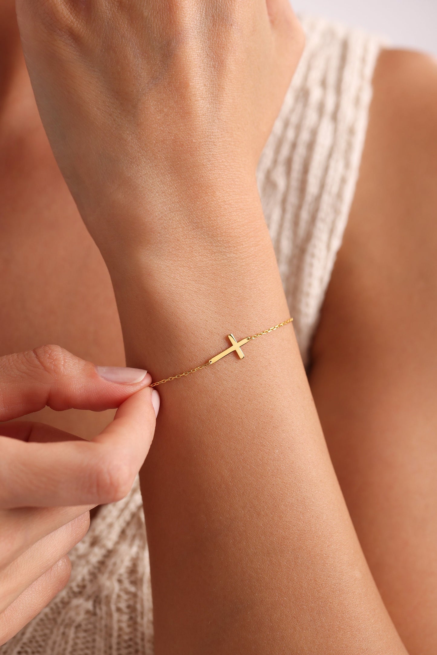 14K Gold Tiny Cross Bracelet, 925 Silver Dainty Cross Bracelet, Baptism Gift, Christian Gift, Religious Bracelet, Cross Jewelry,Gift for Her