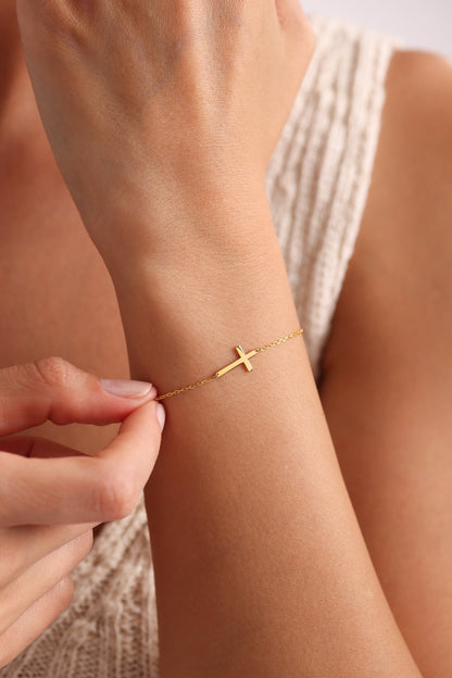 14K Gold Tiny Cross Bracelet, 925 Silver Dainty Cross Bracelet, Baptism Gift, Christian Gift, Religious Bracelet, Cross Jewelry,Gift for Her