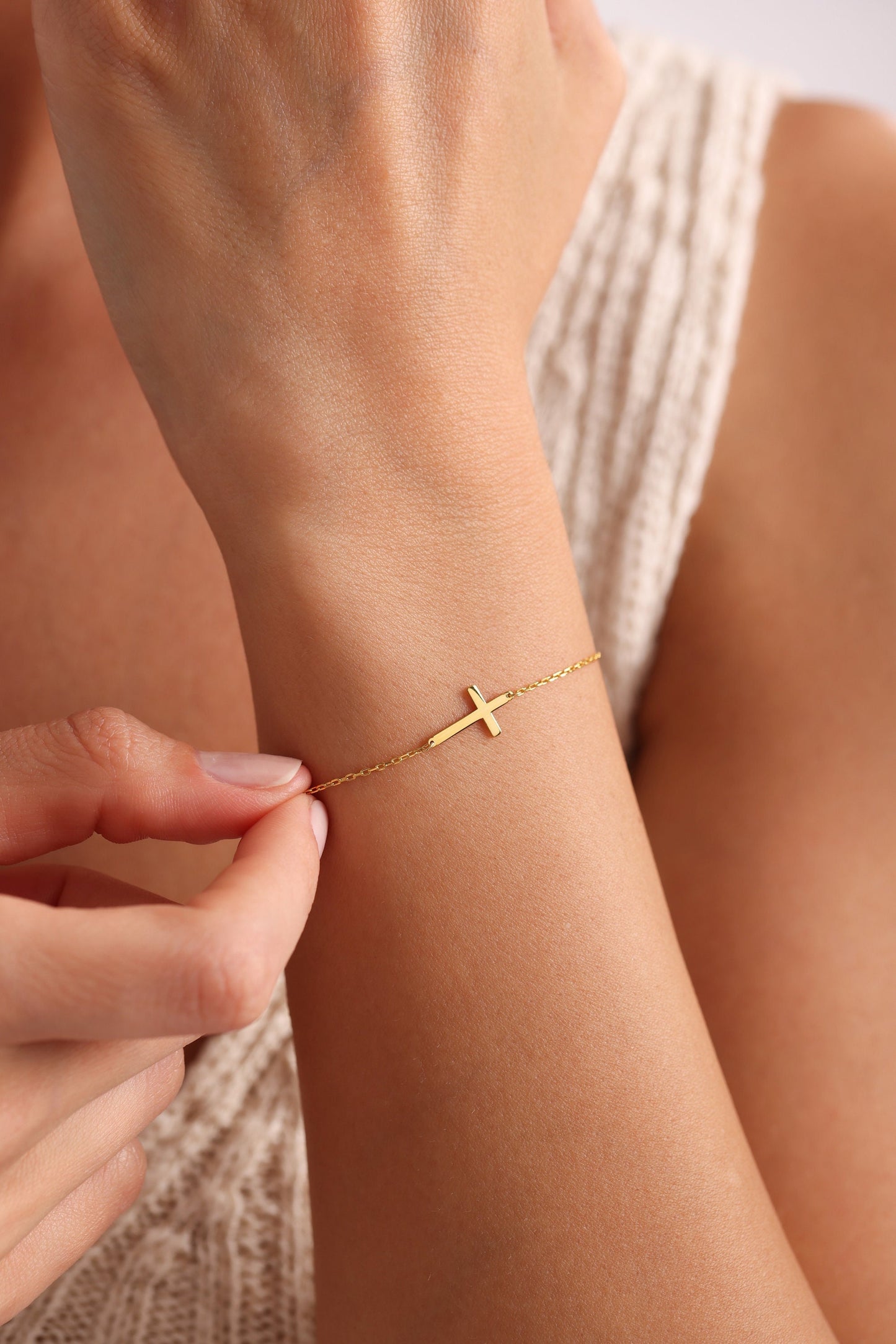 14K Gold Cross Bracelet - Dainty Cross Jewelry - Mini Cross Bracelet - Cross Bracelet for Women, Christian Gifts for Women - Communion Gift