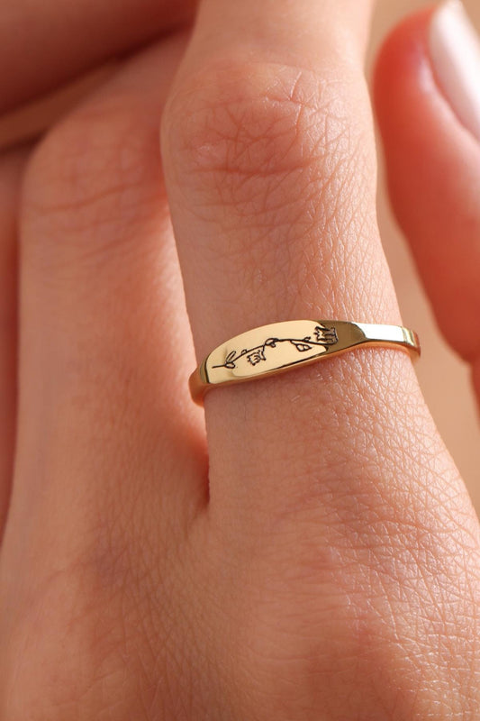 Custom Birth Flower Ring: Sterling Silver Stacking Jewelry