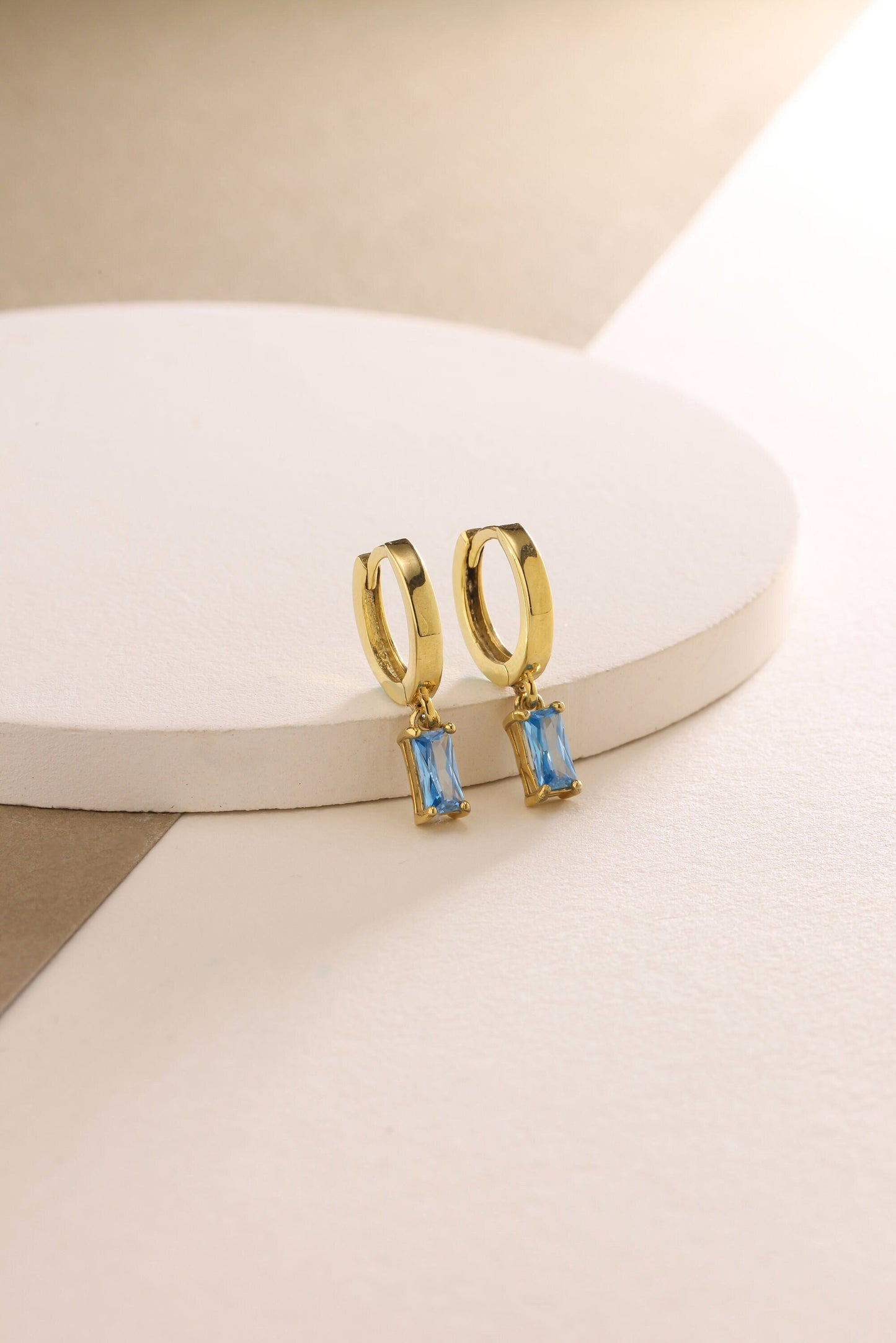Baguette Birthstone Hoop Earrings: 925 Sterling Silver, Dainty Huggie Earrings
