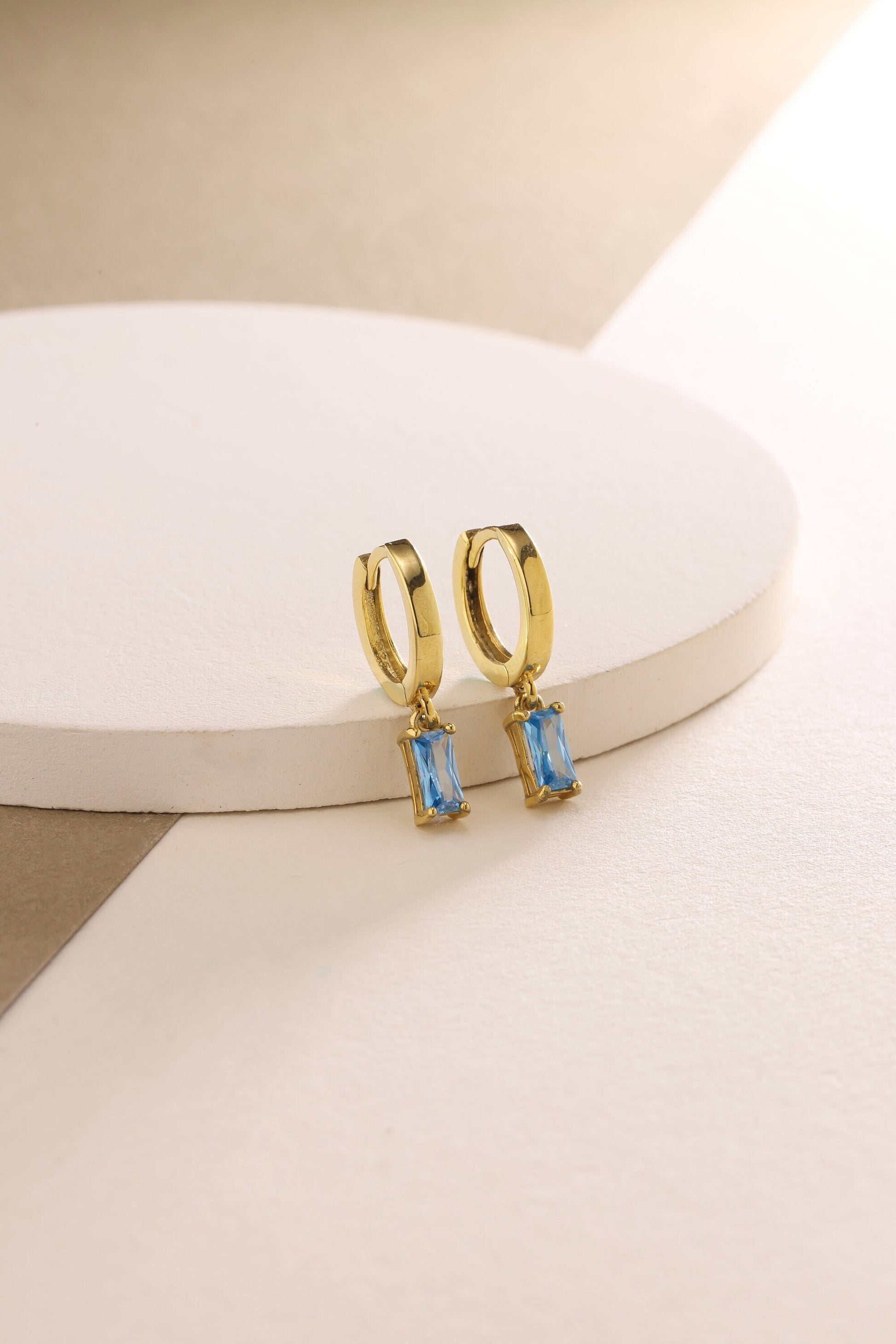 Baguette Birthstone Hoop Earrings: 925 Sterling Silver, Dainty Huggie Earrings