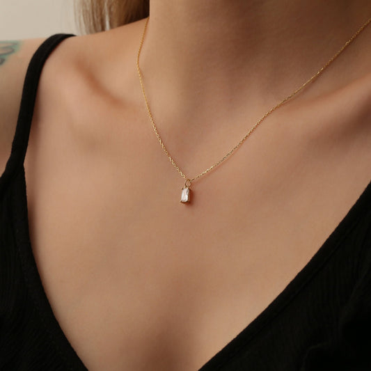 Personalized 14K Gold Baguette Birthstone Necklace, Gift for Mom