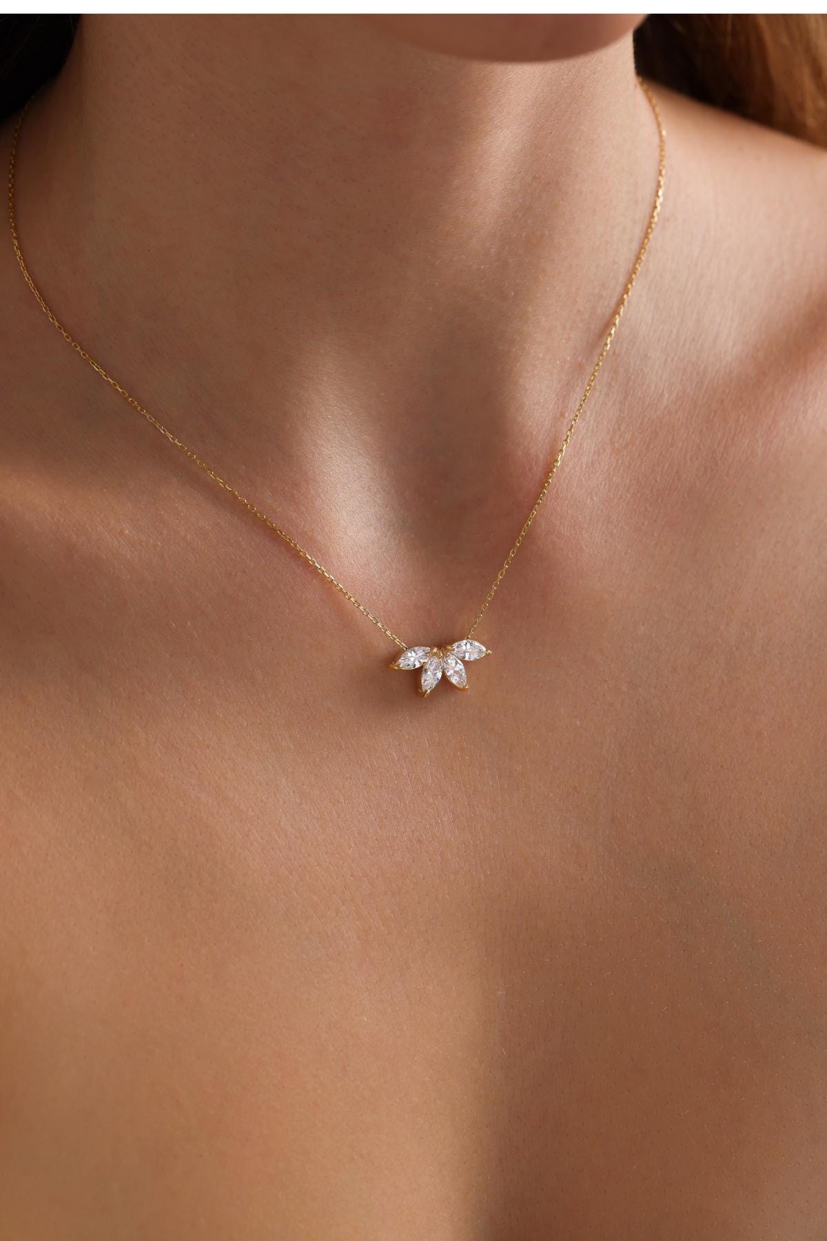 Marquise Diamond Necklace • Flower Petal Diamond Necklace • Birthstone Necklace • Bridal Jewelry • Bridesmaid Gift • Wedding Gift