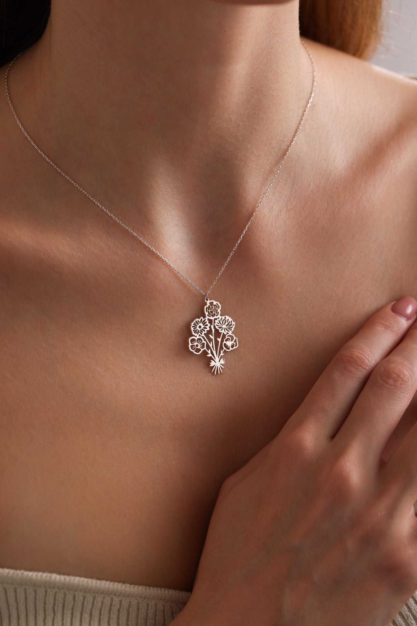 Birth Flower Bouquet Necklace: Personalized Sterling Silver Mothers Necklace