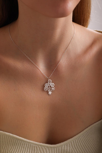 Birth Flower Bouquet Necklace: Personalized Sterling Silver Mothers Necklace