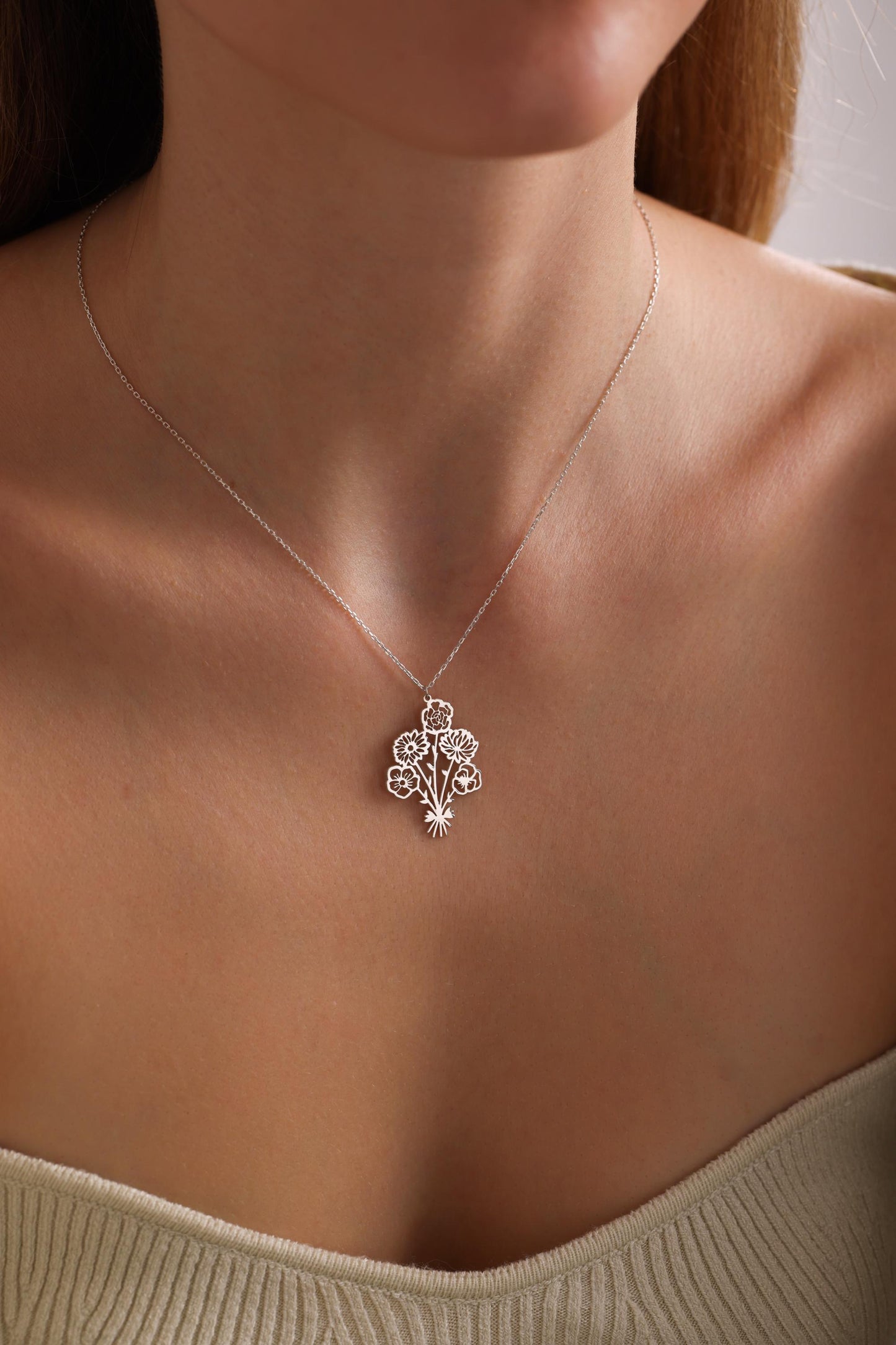 Birth Flower Bouquet Necklace: Personalized Sterling Silver Family Gift