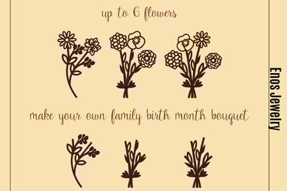 Birth Flower Bouquet Necklace: Personalized Sterling Silver Mothers Necklace