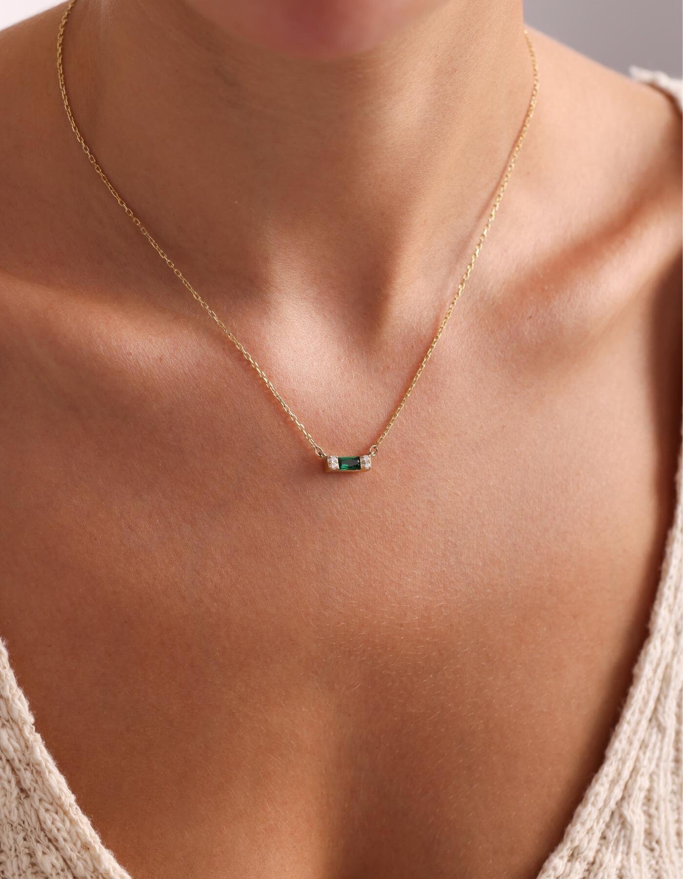 Custom Baguette Birthstone Necklace: Personalized Jewelry, Emerald Cut Necklace, Minimalist Necklace, Dainty Necklace, Anniversary Gift