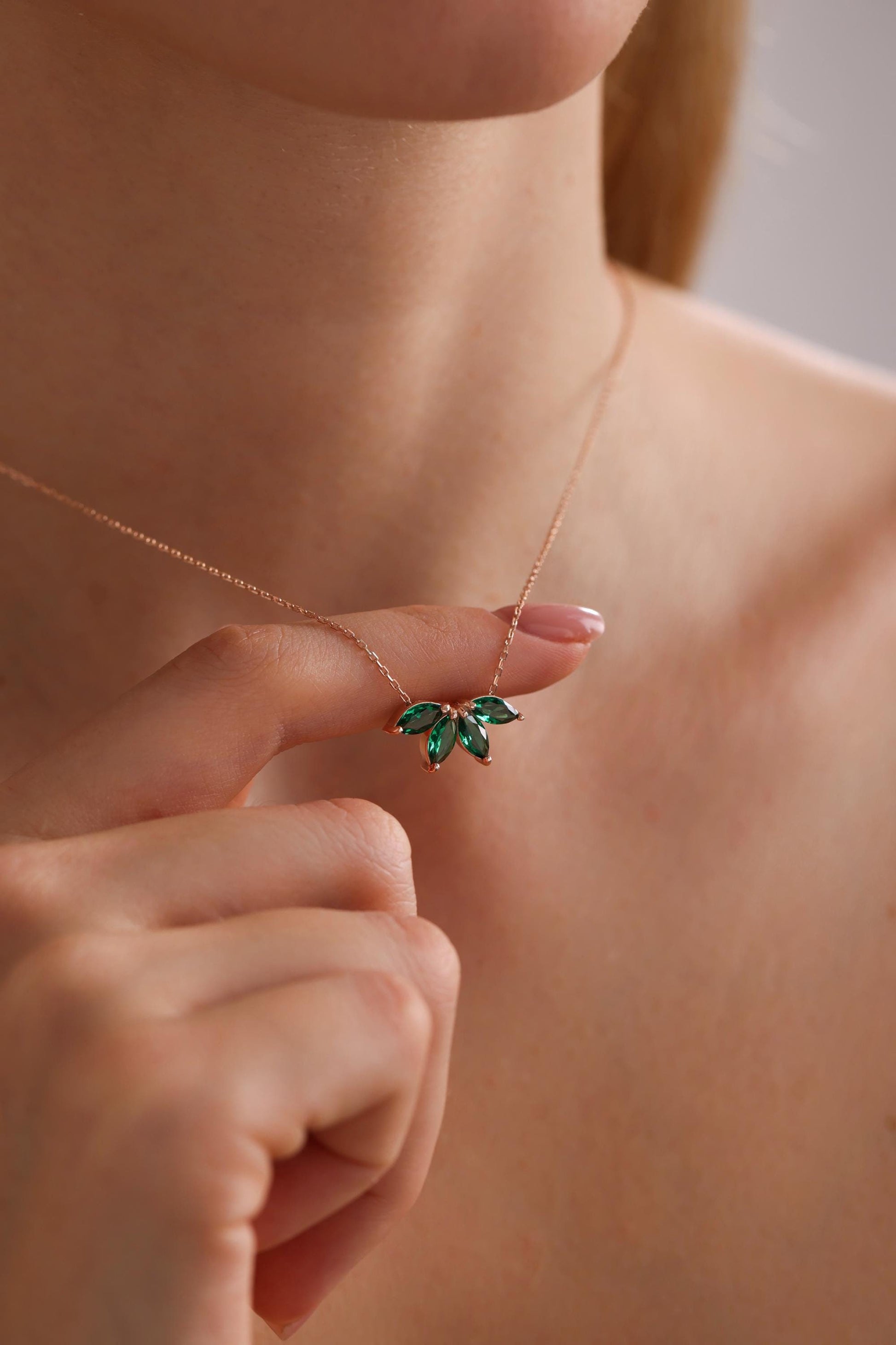 14K Solid Gold Birthstone Necklace: Marquise Flower Petal Diamond Pendant