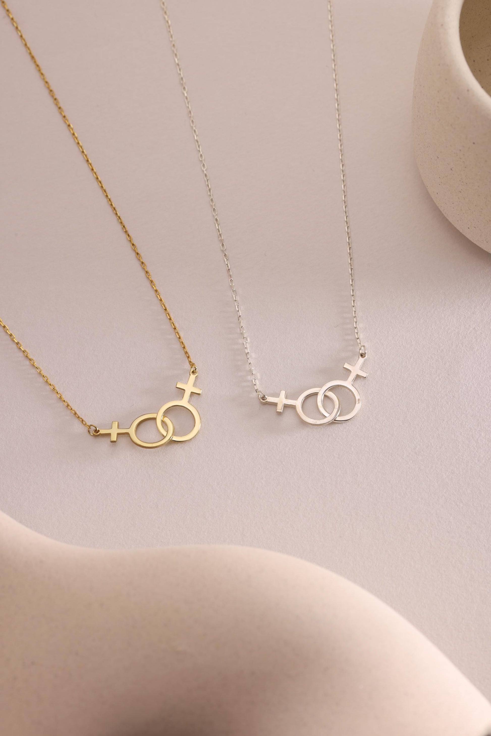 14K Solid Gold Lesbian Necklace - Lesbian Pride Jewelry - Sterling Silver Double Venus Necklace - Pride Necklace - Gift For Her,Lesbian Gift