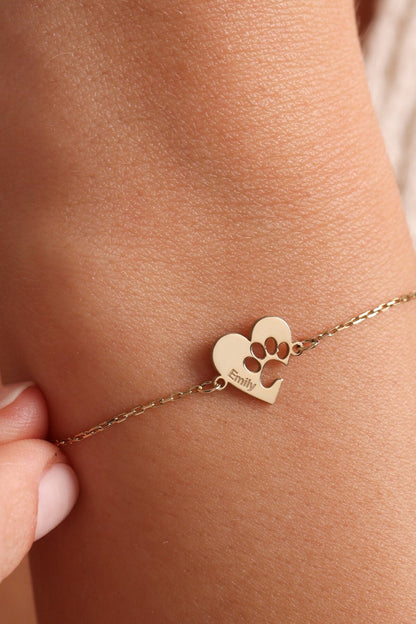 Engraved Paw Print Heart Bracelet: Sterling Silver Pet Memorial Bracelet