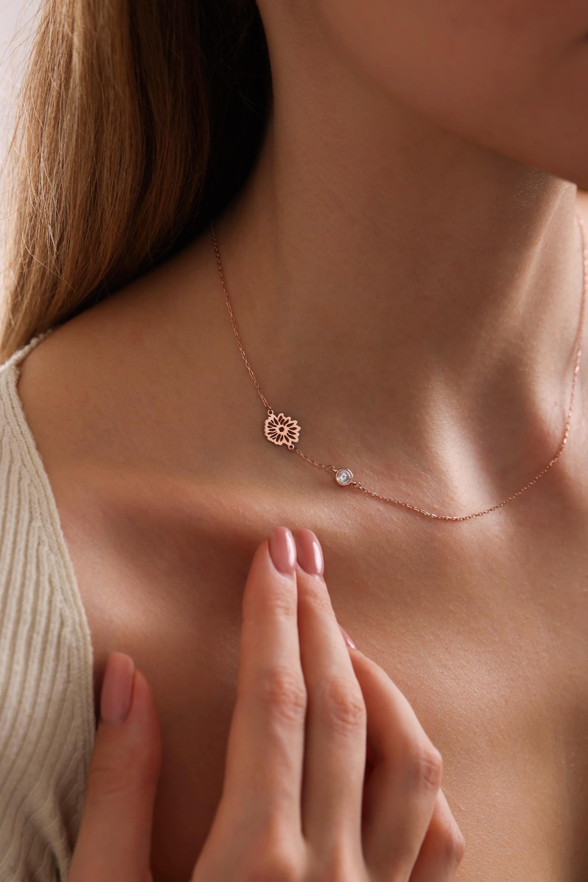 Dainty Sideway Birth Flower Necklace, Sterling Silver, Birthstone