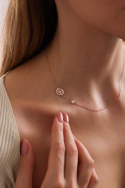 Dainty Sideway Birth Flower Necklace, Sterling Silver, Birthstone