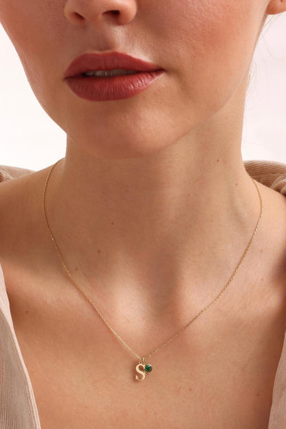 14K Solid Gold Initial Necklace with Birthstone, Personalized Letter Necklace , Christmas Gift For Her