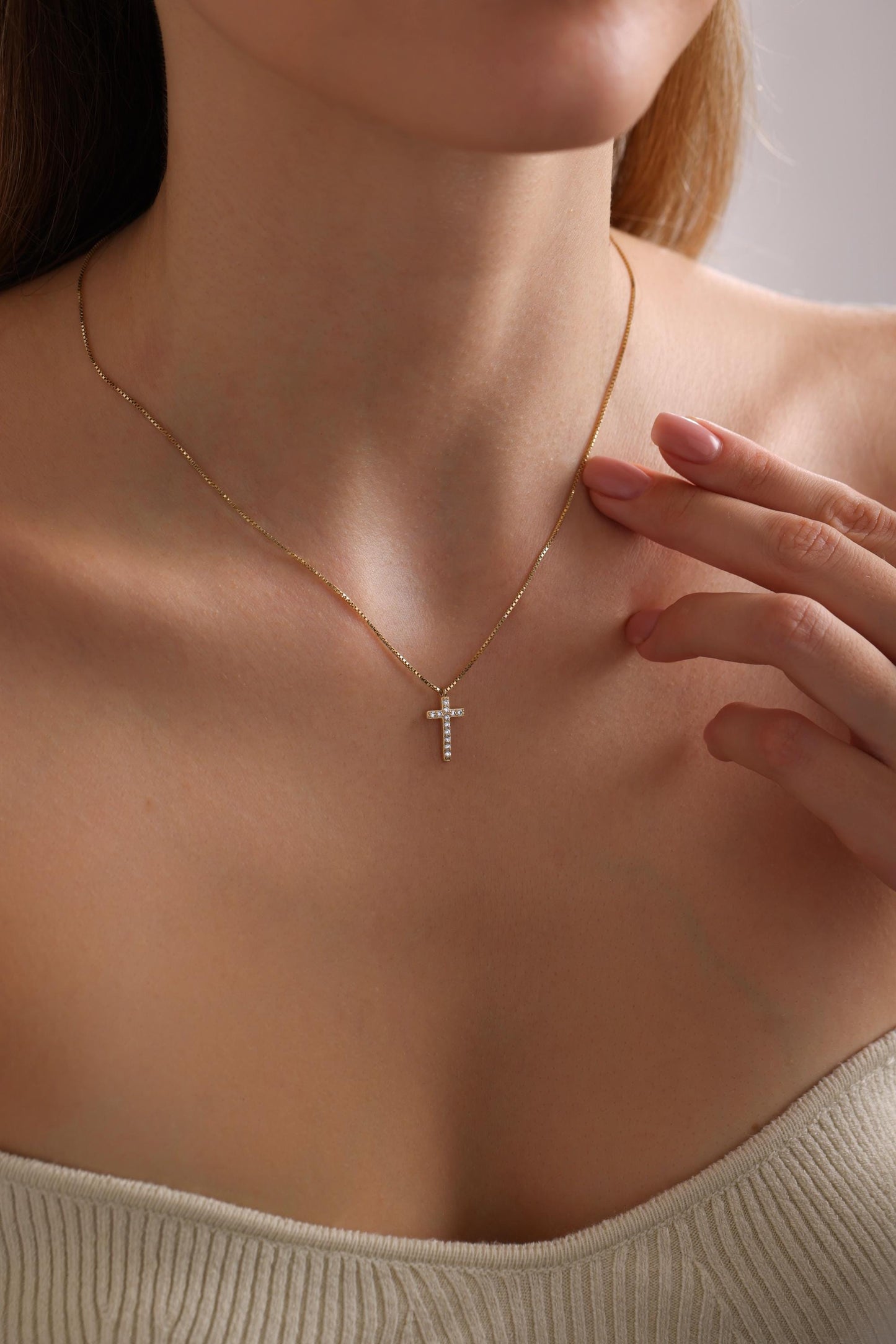 Diamond Cross Necklace for Women ,Cross Necklace with Box Chain,14k Gold Diamond Cross,Baptism Gift,Gift For Her,Gift For Mom