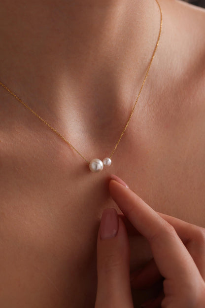 Dainty Two Pearls Necklace, Minimalist Freshwater Pearl Necklace, Wedding Necklace, Mothers Necklace,Bridesmaid Gift for Her,Wedding Jewelry