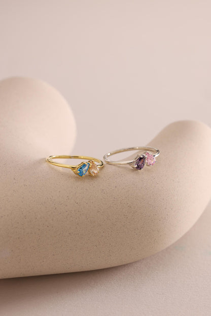 14K Solid Gold Birthstone Ring, Solid Gold 2 Birthstone Ring, Womens Dainty Stackable Ring,Personalized Jewelry, Handmade Gift for Her