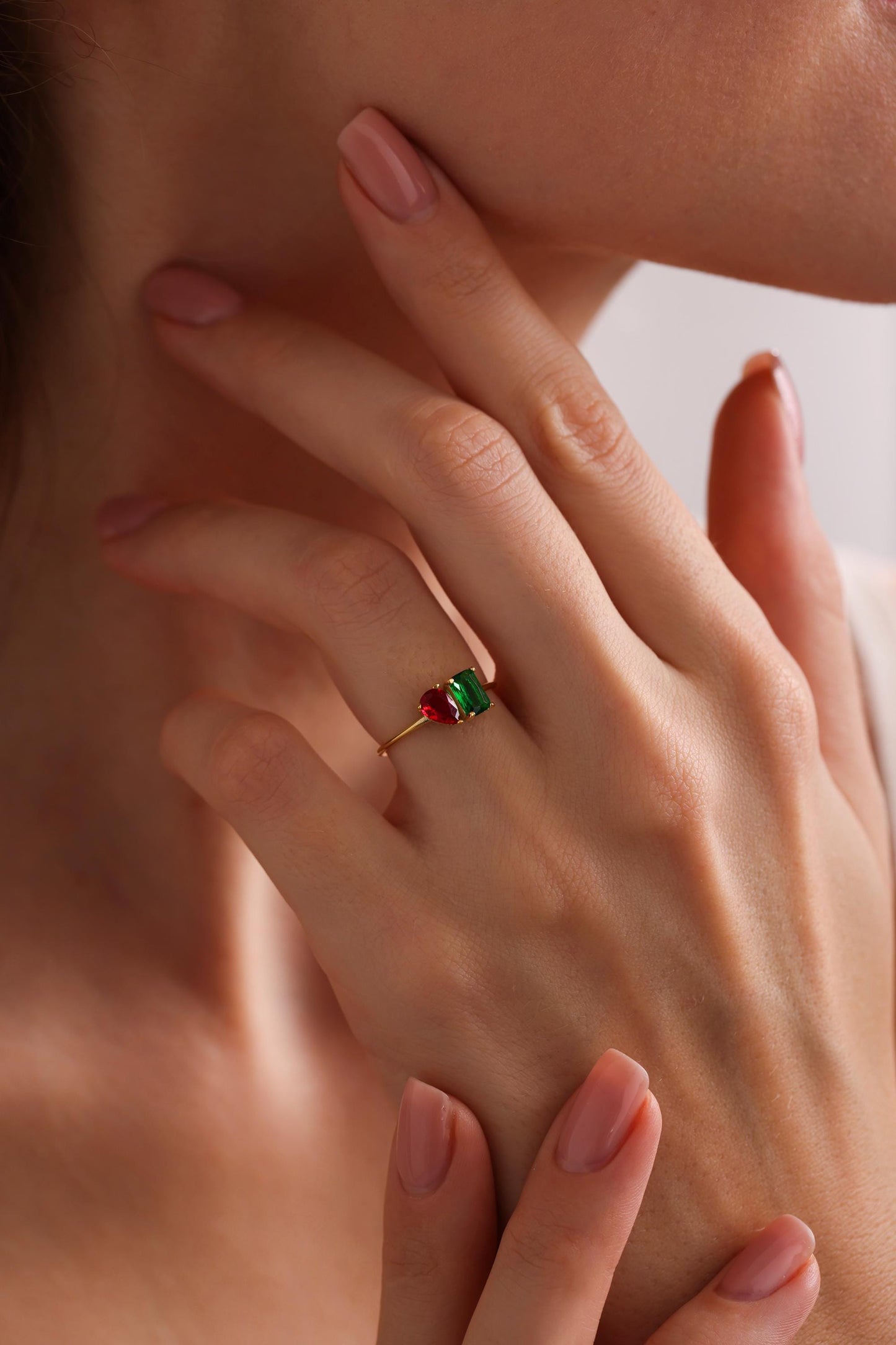 Toi et Moi Birthstone Ring, Emerald & Pear Cut Birthstone Ring, Wedding Ring, Engagement Ring, Promise Ring, Christmas Gift for Her