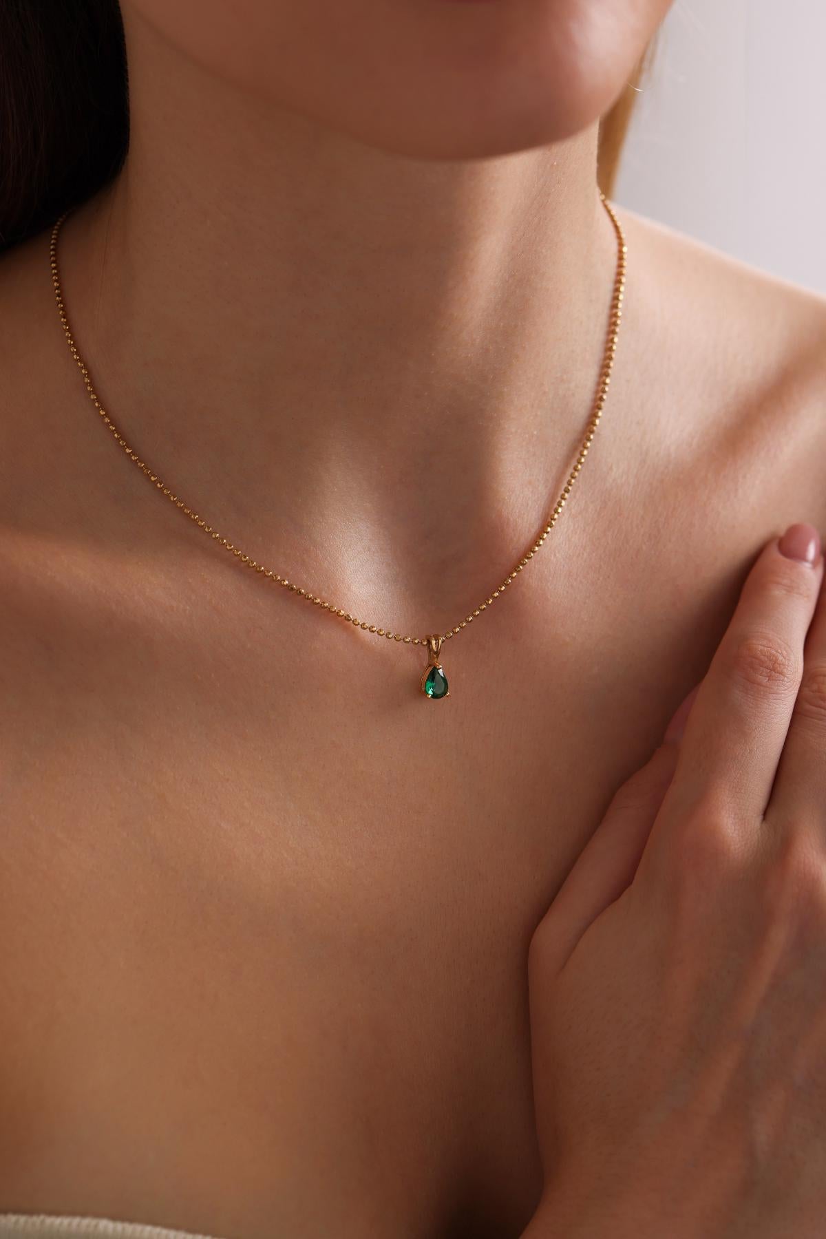 Teardrop Emerald Pendant Necklace: 14k Gold May Birthstone