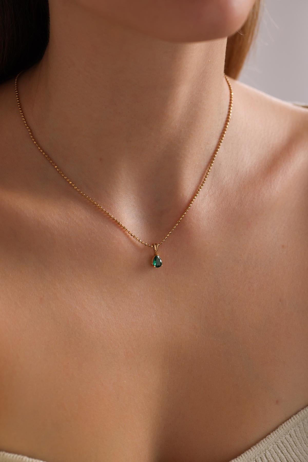 Teardrop Emerald Pendant Necklace: 14k Gold May Birthstone