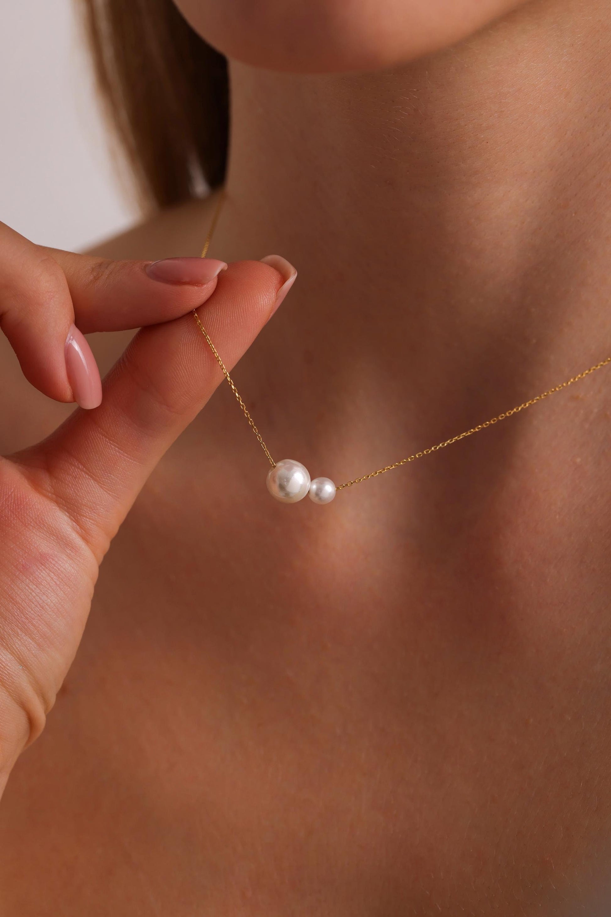 Dainty Two Pearls Necklace, Minimalist Freshwater Pearl Necklace, Wedding Necklace, Mothers Necklace,Bridesmaid Gift for Her,Wedding Jewelry