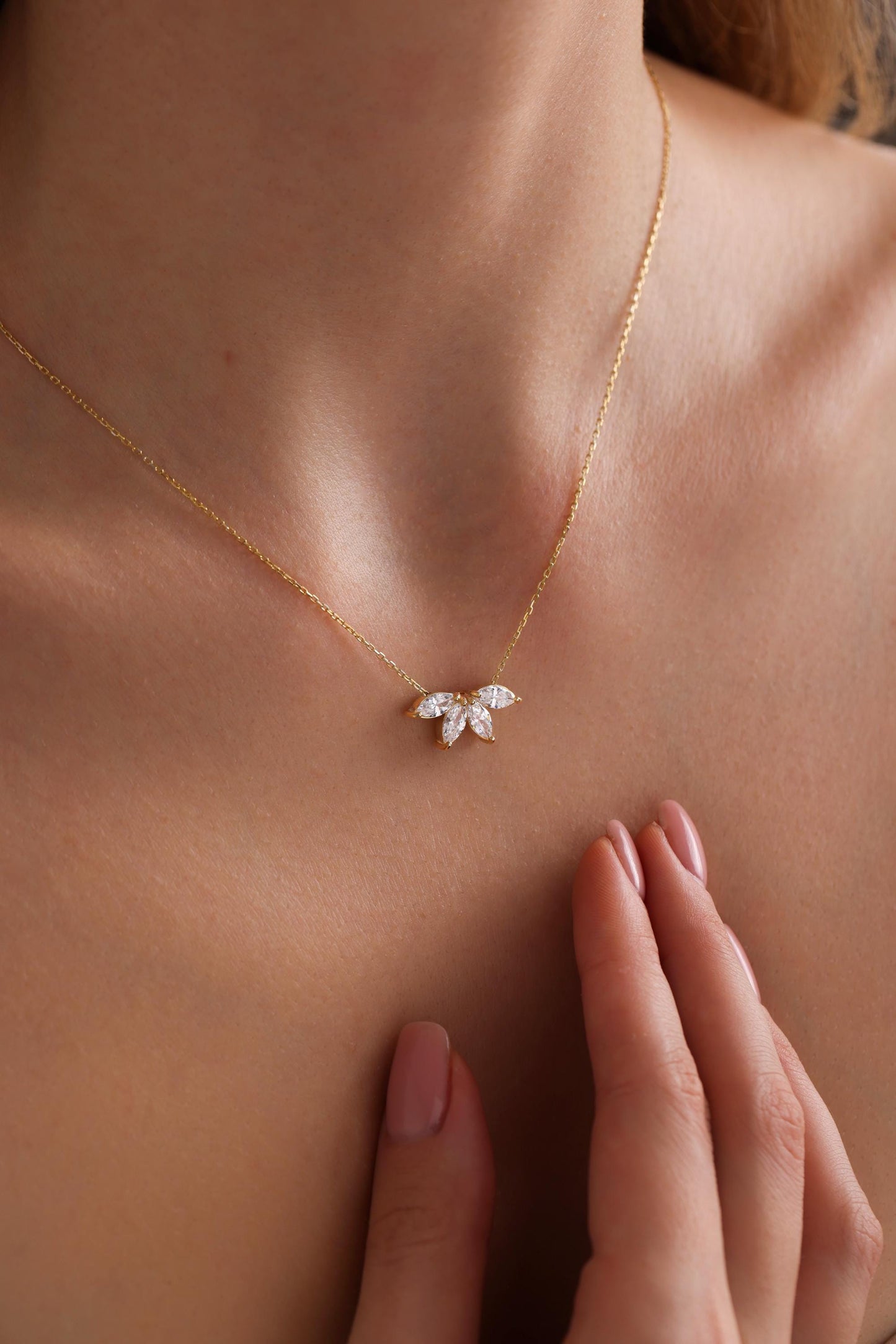 Marquise Diamond Necklace • Flower Petal Diamond Necklace • Birthstone Necklace • Bridesmaid Gift • Wedding Gift for her • Mothers Day Gift